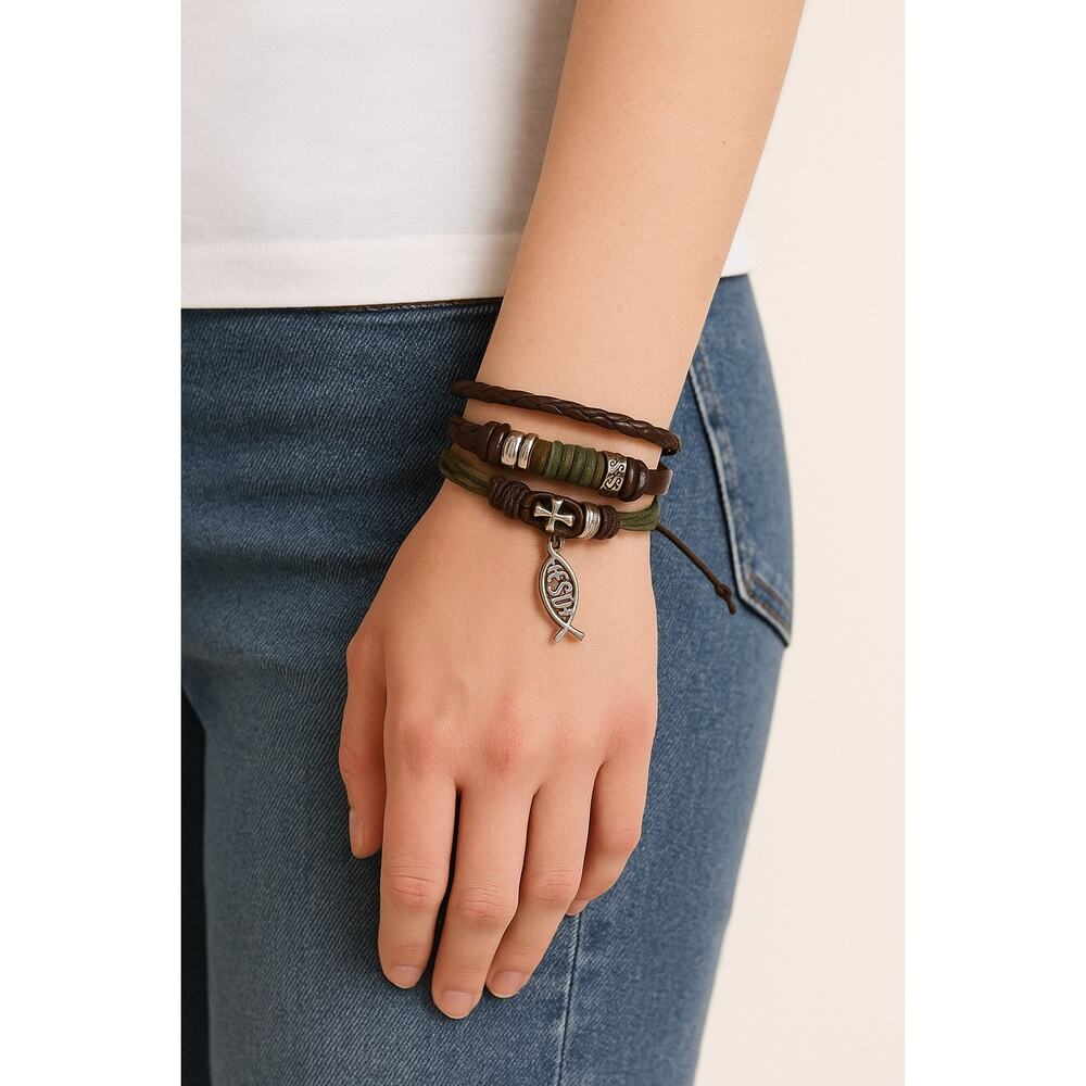 Jesus ICHTHUS Fish Charm Leather Adjustable Bracelet Set Boho Stack 6.5–7.5 in